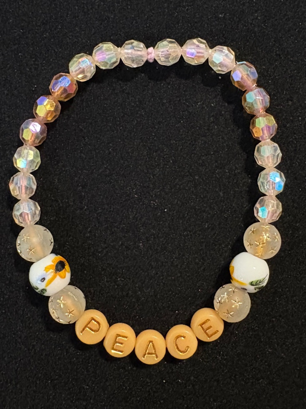 Handmade “Peace” Inspirational Stretch Bracelet – Floral & Crystal Beads